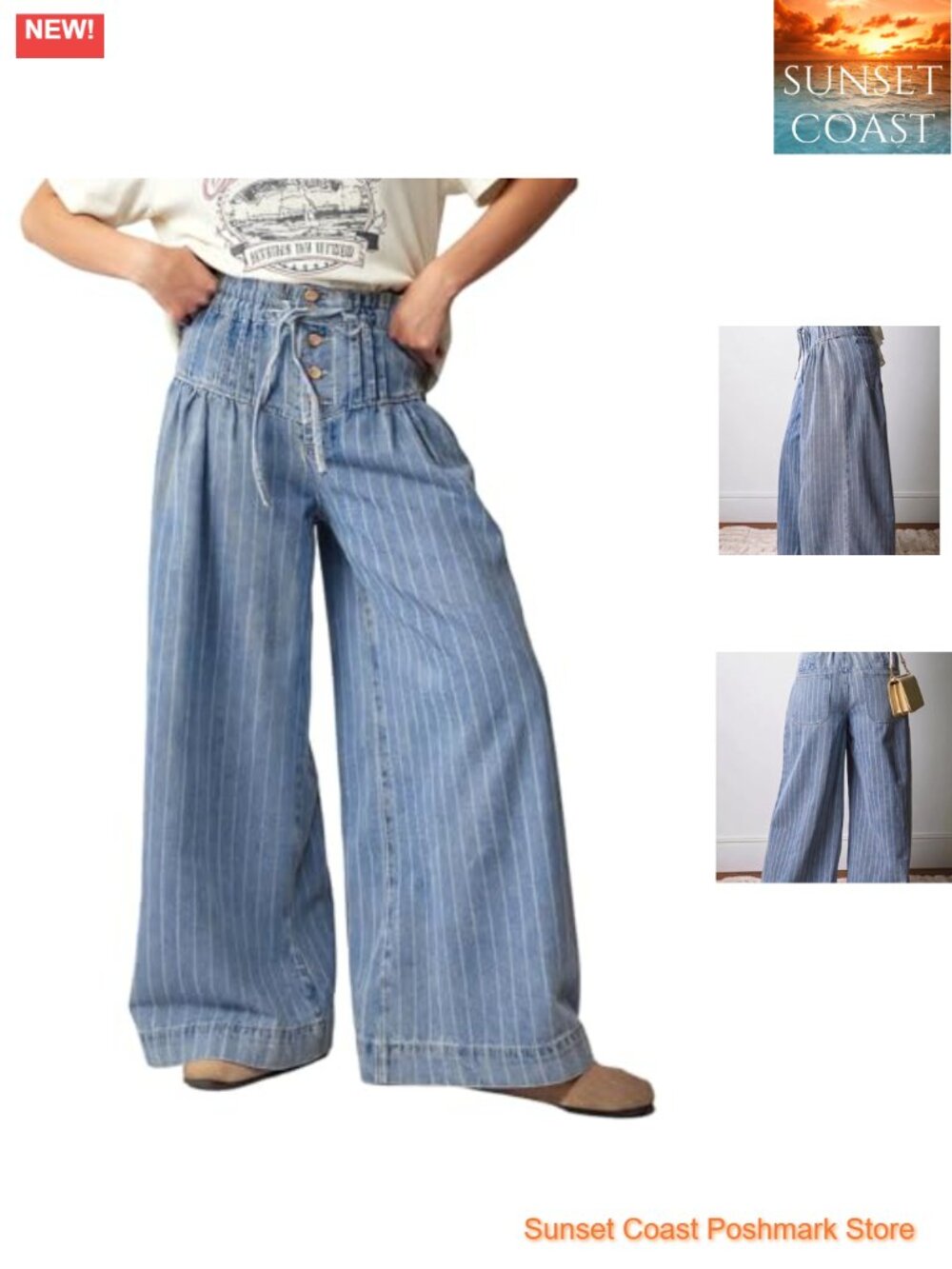 Wide Leg Baggy Denim Jeans with Drawstring & Pleats - Women's Plus Size Flare